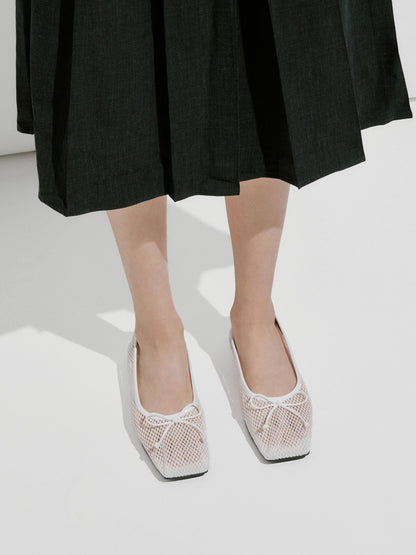 Mesh Square-Toe Bow Ballet Flats - White | CHARLES & KEITH
