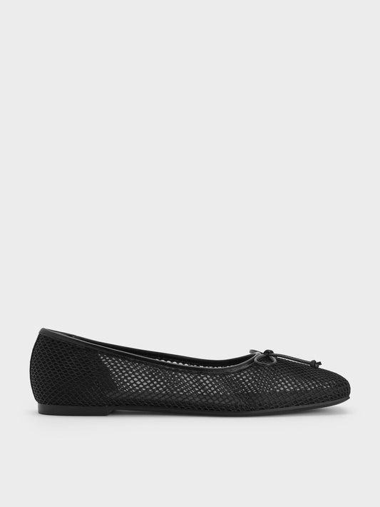 Mesh Square-Toe Bow Ballet Flats - Black Textured | CHARLES & KEITH