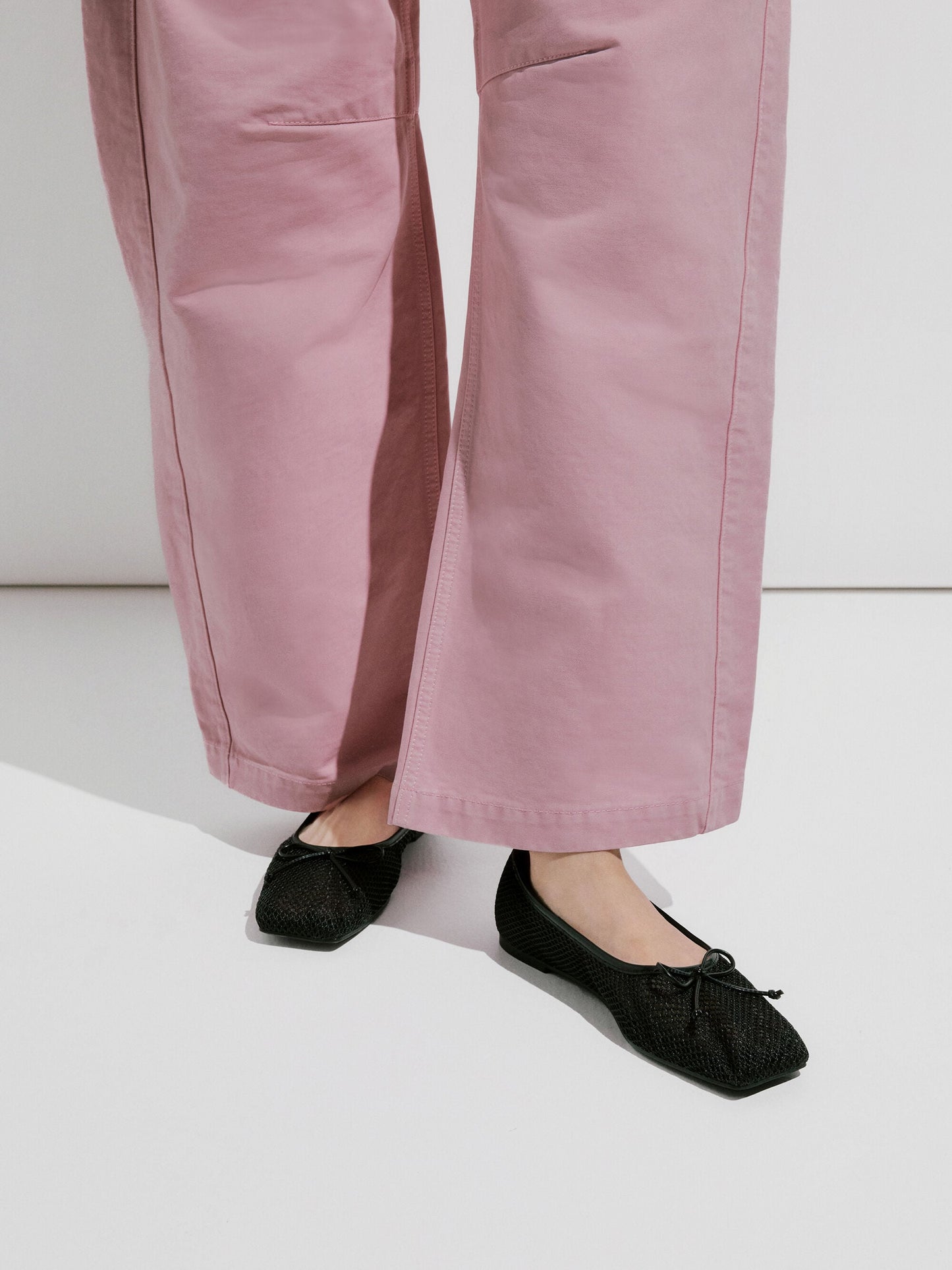 Mesh Square-Toe Bow Ballet Flats - Black Textured | CHARLES & KEITH
