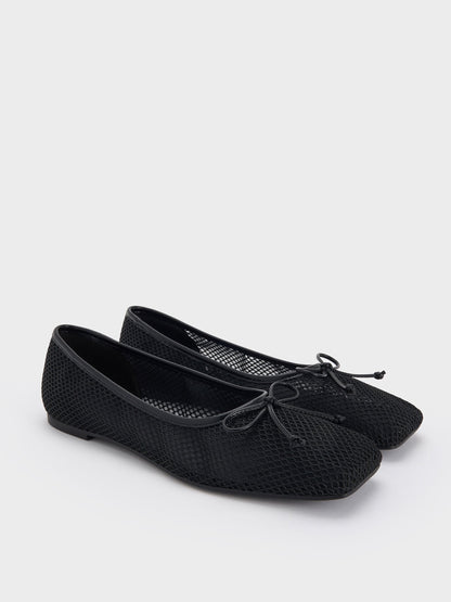 Mesh Square-Toe Bow Ballet Flats - Black Textured | CHARLES & KEITH