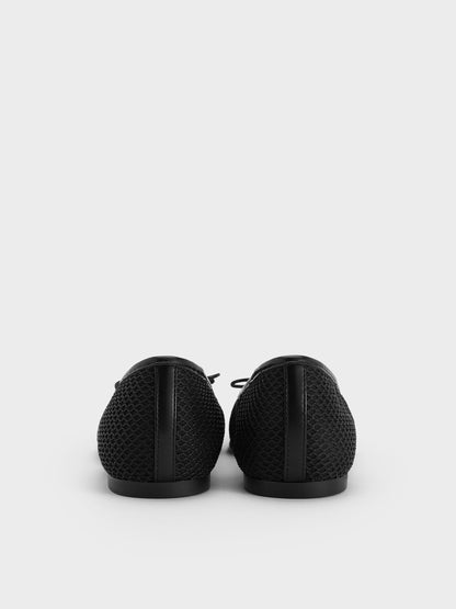 Mesh Square-Toe Bow Ballet Flats - Black Textured | CHARLES & KEITH