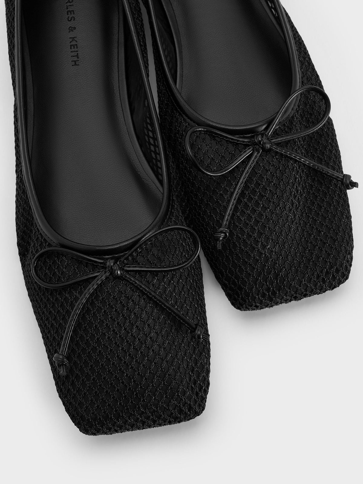 Mesh Square-Toe Bow Ballet Flats - Black Textured | CHARLES & KEITH