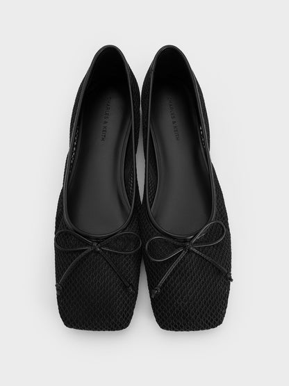 Mesh Square-Toe Bow Ballet Flats - Black Textured | CHARLES & KEITH