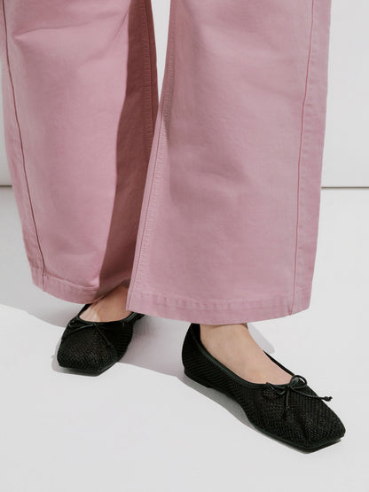 Mesh Square-Toe Bow Ballet Flats - Black Textured | CHARLES & KEITH