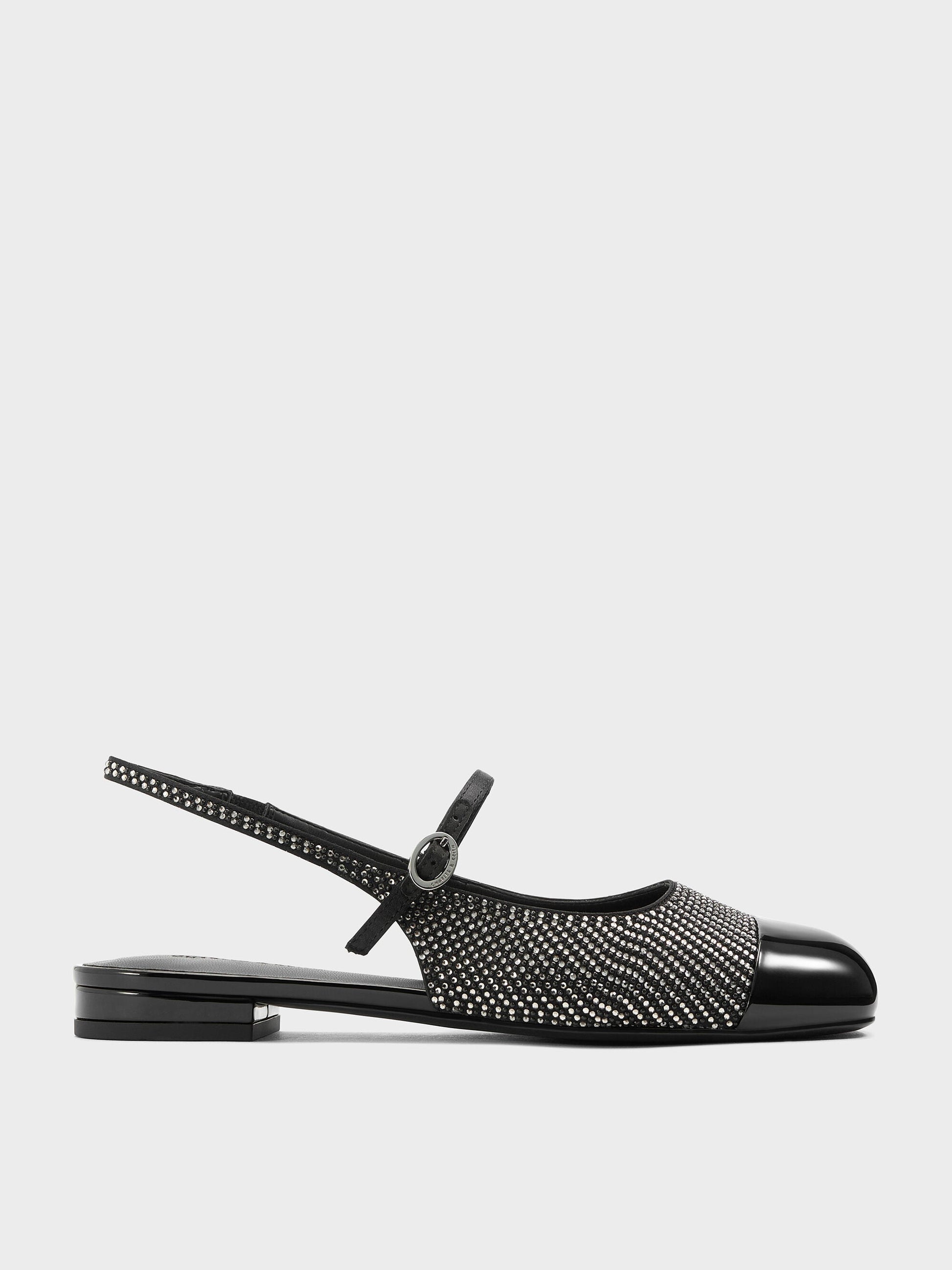 Crystal Cap-Toe Mary Jane Flats - Black Textured | CHARLES & KEITH