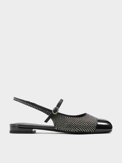 Crystal Cap-Toe Mary Jane Flats - Black Textured | CHARLES & KEITH