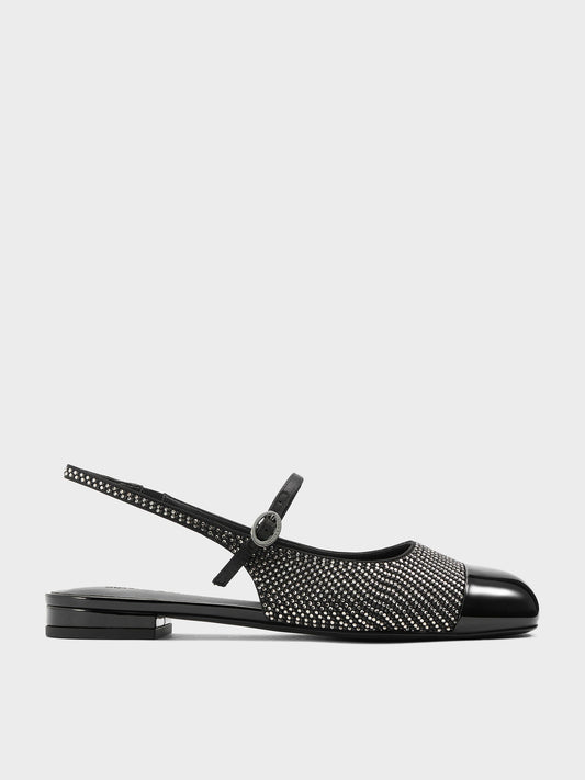 Crystal Cap-Toe Mary Jane Flats - Black Textured | CHARLES & KEITH