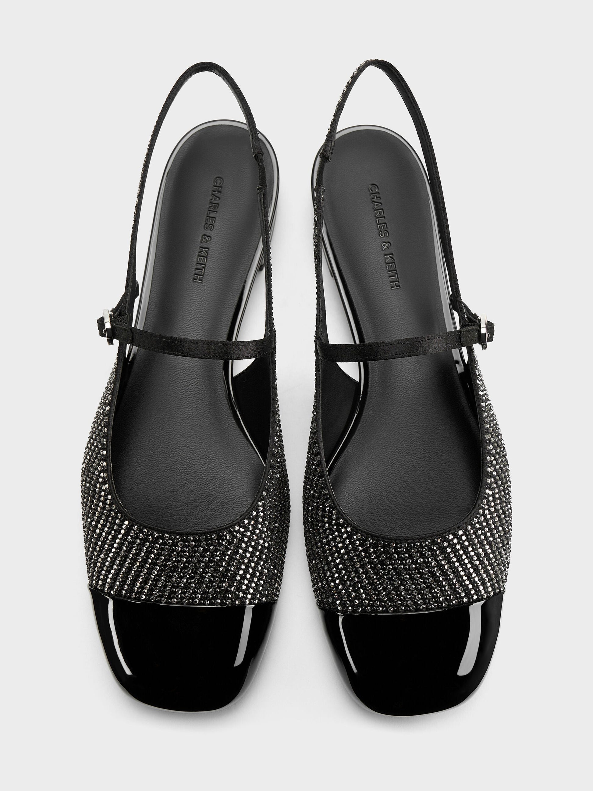 Crystal Cap-Toe Mary Jane Flats - Black Textured | CHARLES & KEITH