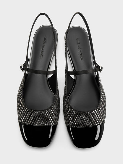 Crystal Cap-Toe Mary Jane Flats - Black Textured | CHARLES & KEITH