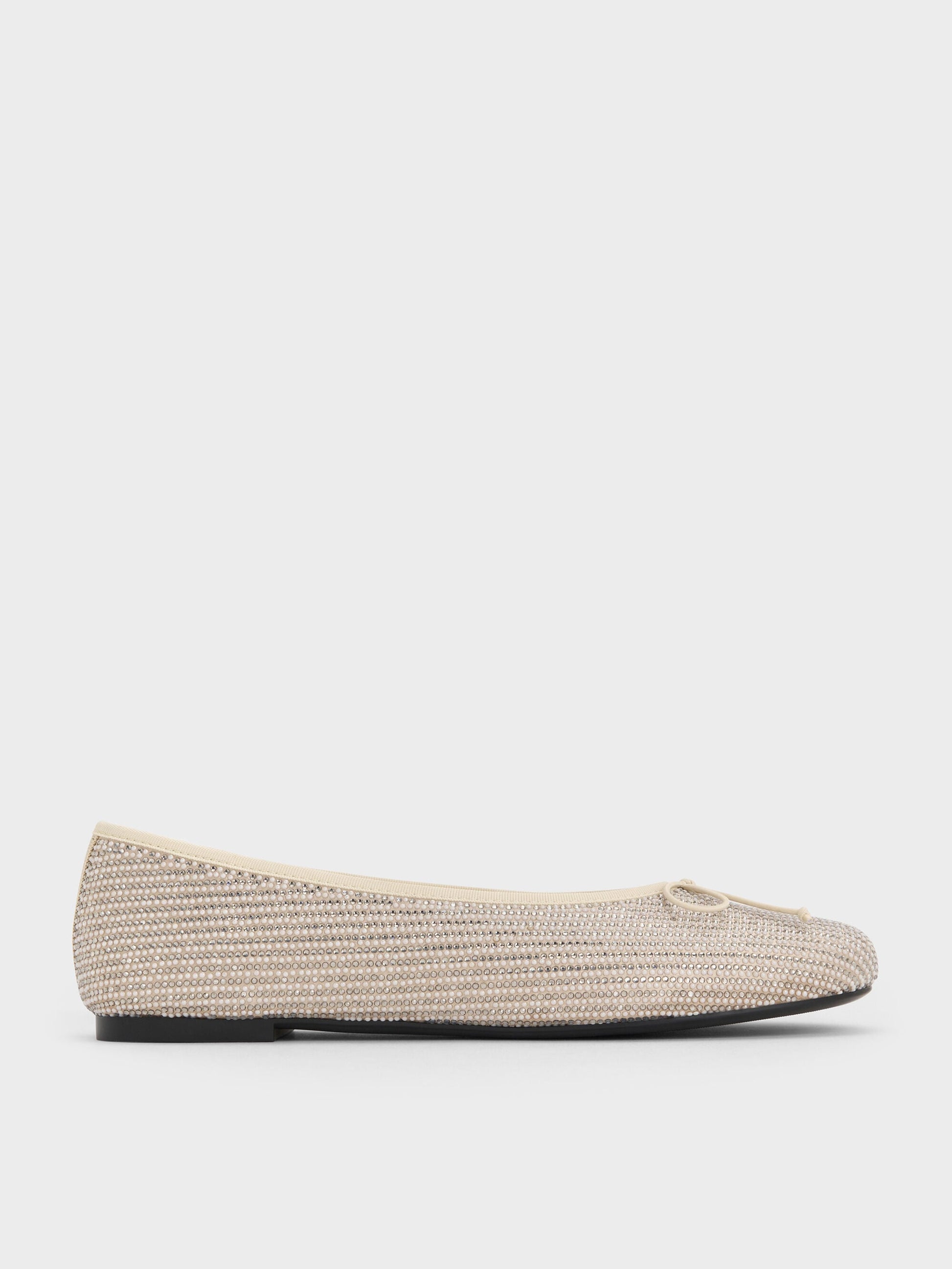 Satin Crystal-Pearl Bow Ballet Flats - Gold | CHARLES & KEITH