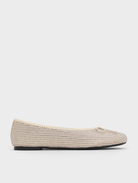 Satin Crystal-Pearl Bow Ballet Flats - Gold | CHARLES & KEITH