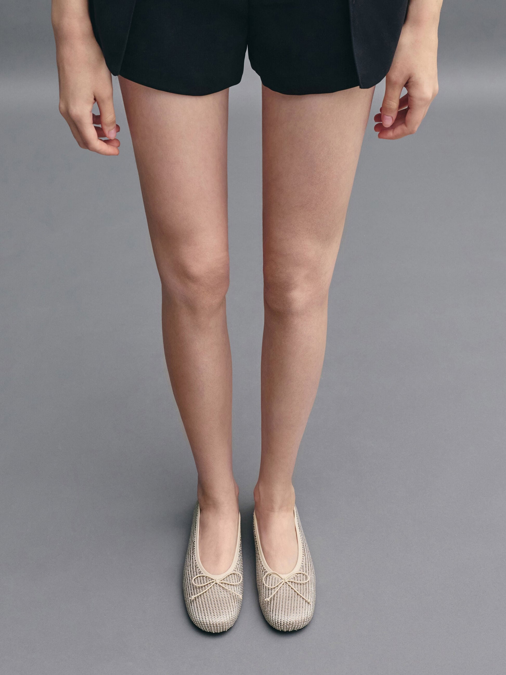 Satin Crystal-Pearl Bow Ballet Flats - Gold | CHARLES & KEITH