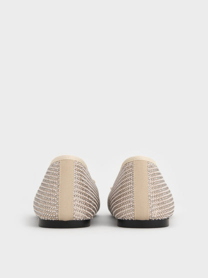 Satin Crystal-Pearl Bow Ballet Flats - Gold | CHARLES & KEITH