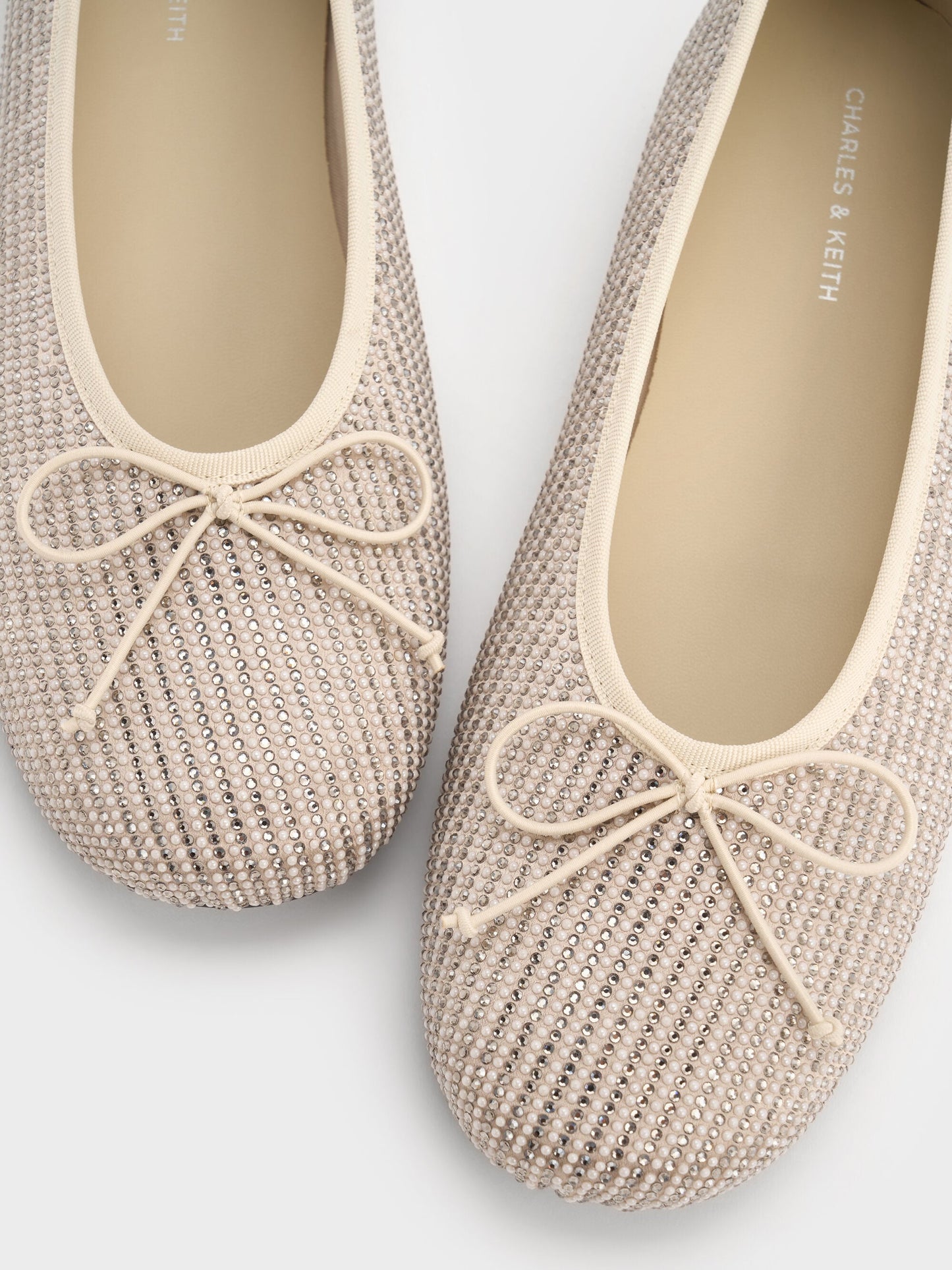 Satin Crystal-Pearl Bow Ballet Flats - Gold | CHARLES & KEITH