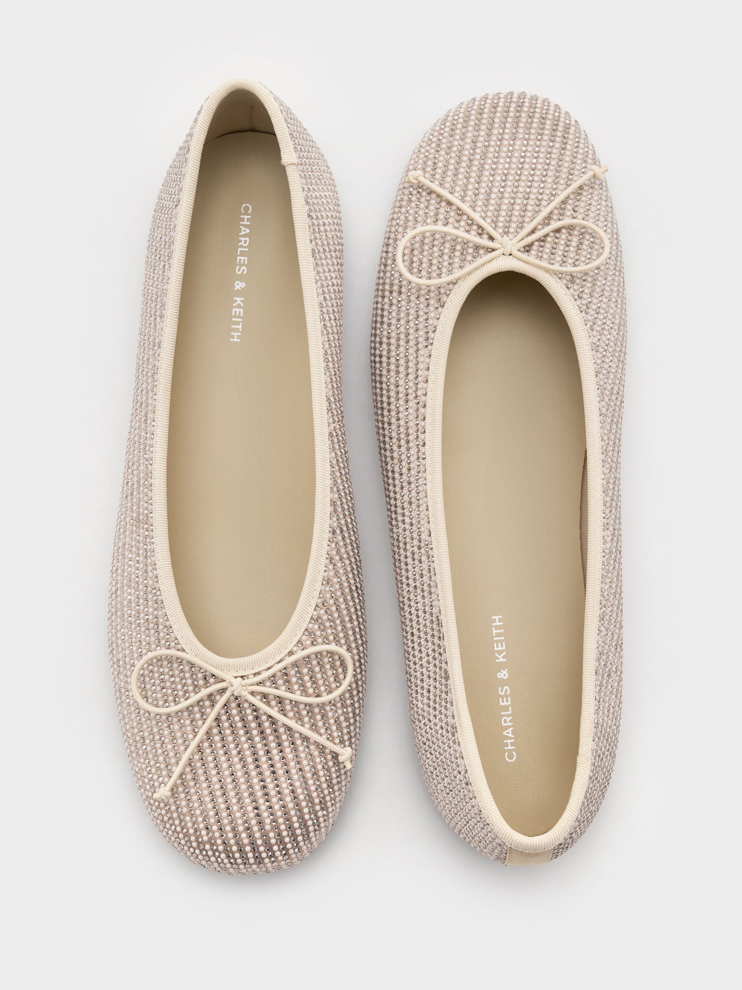 Satin Crystal-Pearl Bow Ballet Flats - Gold | CHARLES & KEITH