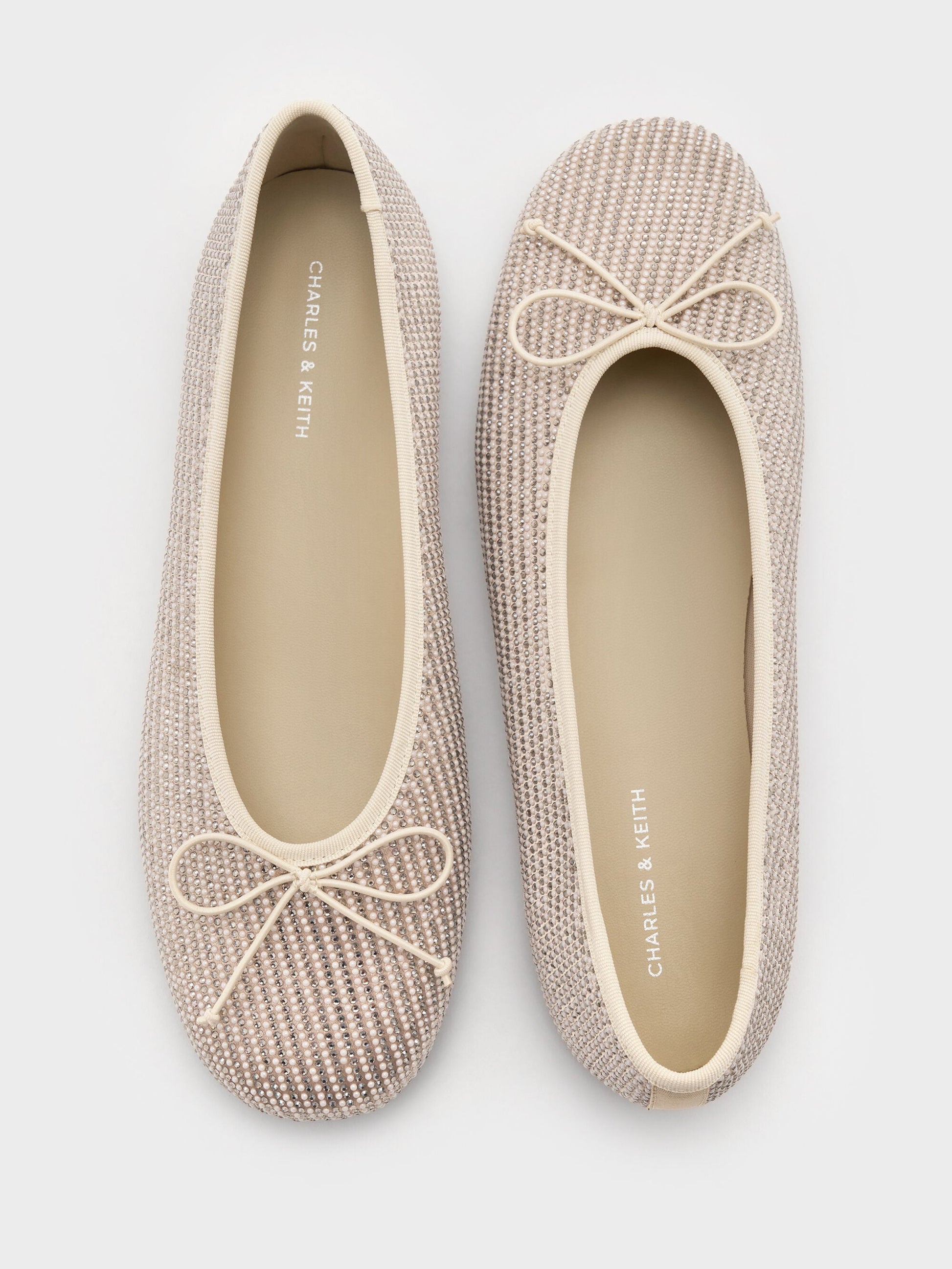 Satin Crystal-Pearl Bow Ballet Flats - Gold | CHARLES & KEITH