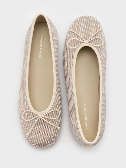Satin Crystal-Pearl Bow Ballet Flats - Gold | CHARLES & KEITH