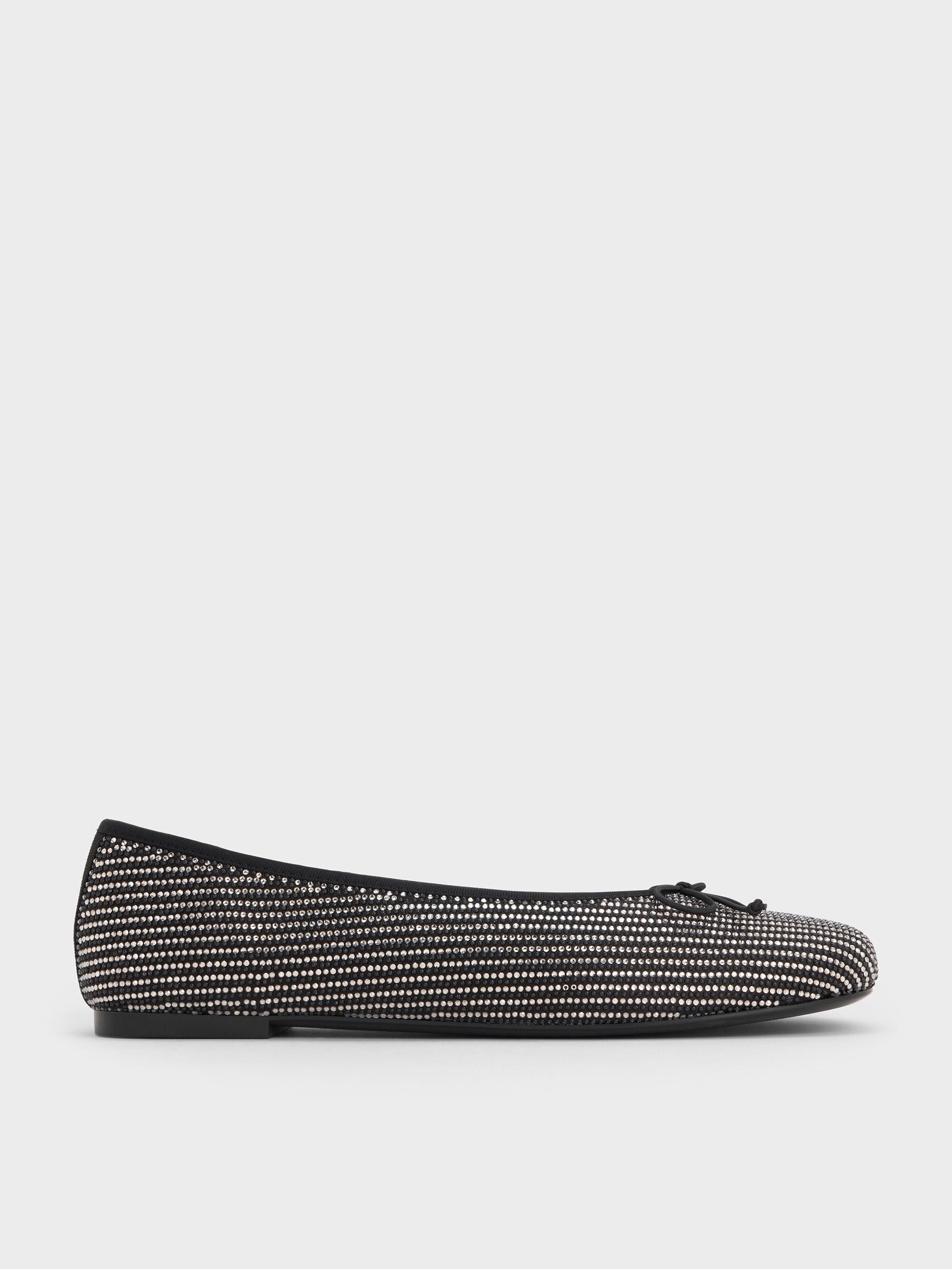 Satin Crystal Bow Ballet Flats - Black Textured | CHARLES & KEITH