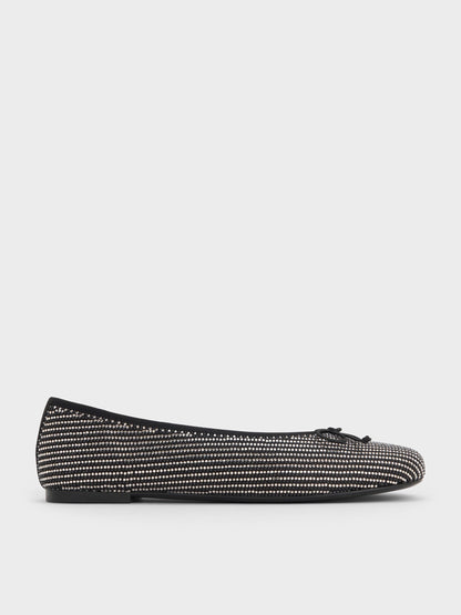 Satin Crystal Bow Ballet Flats - Black Textured | CHARLES & KEITH