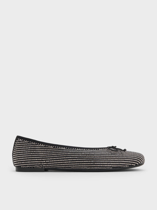 Satin Crystal Bow Ballet Flats - Black Textured | CHARLES & KEITH