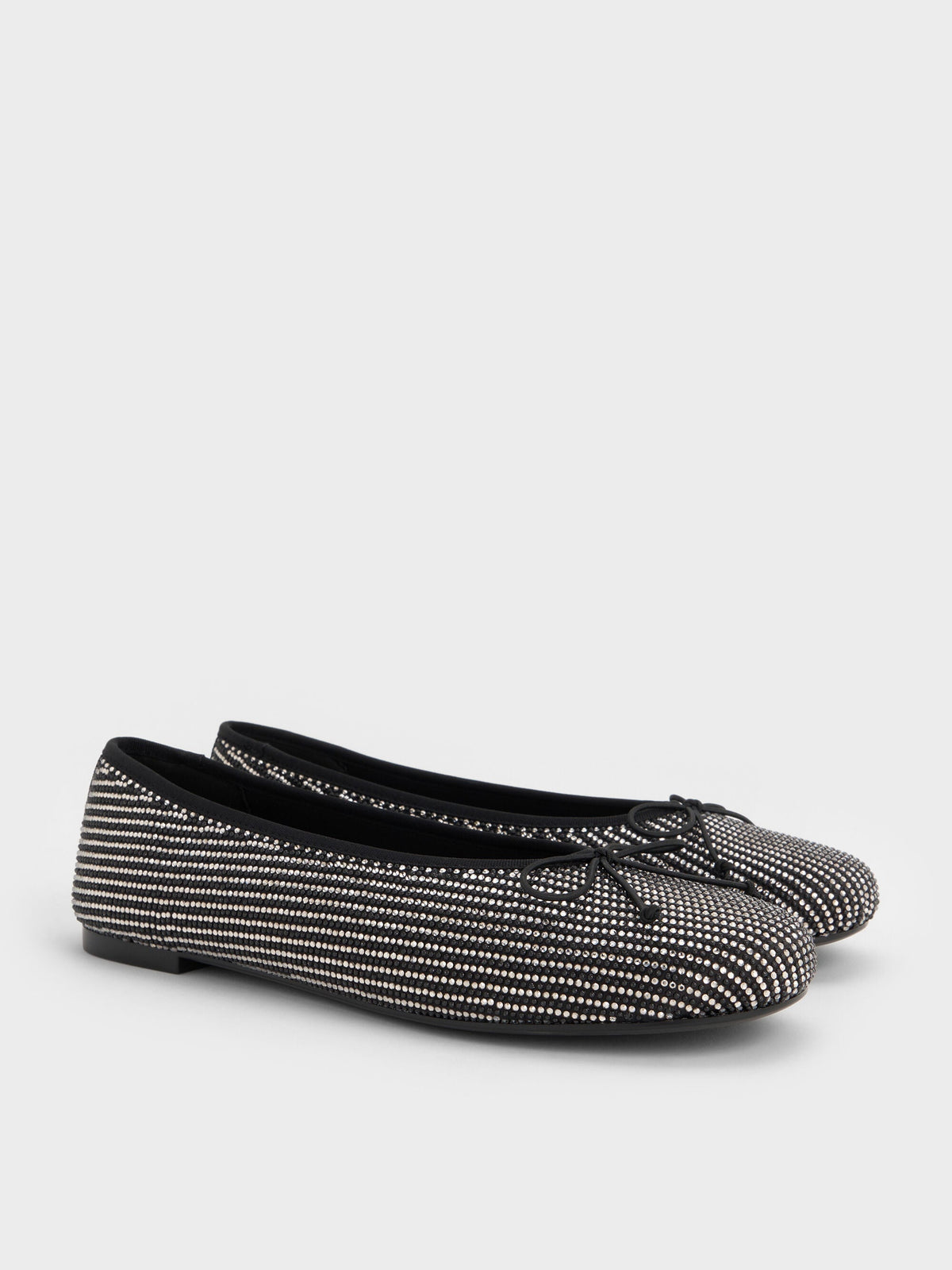 Satin Crystal Bow Ballet Flats - Black Textured | CHARLES & KEITH