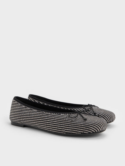 Satin Crystal Bow Ballet Flats - Black Textured | CHARLES & KEITH