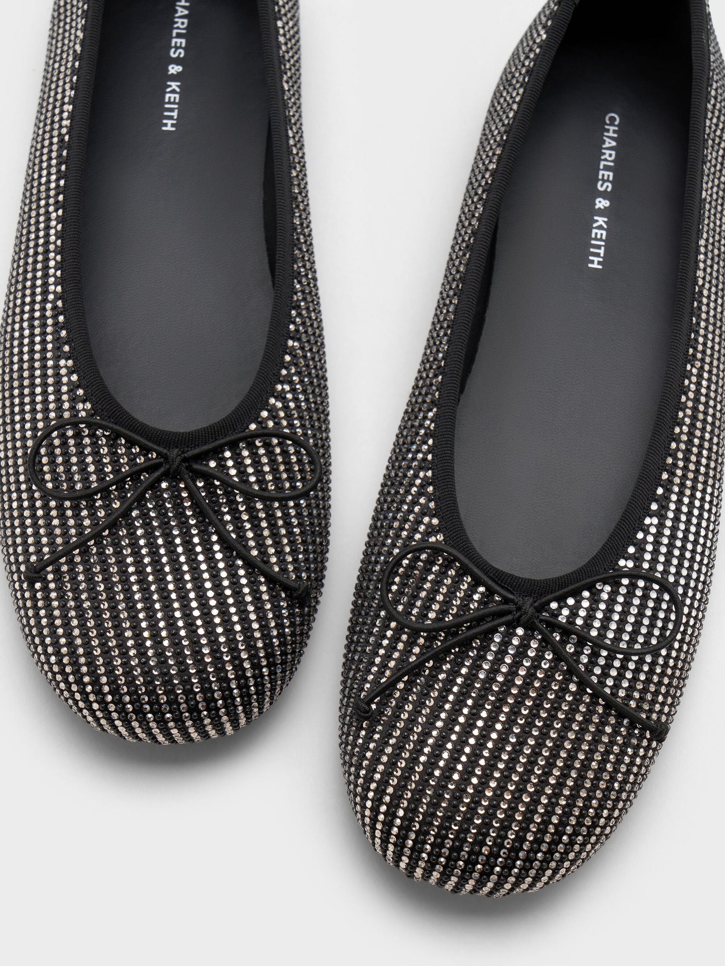 Satin Crystal Bow Ballet Flats - Black Textured | CHARLES & KEITH