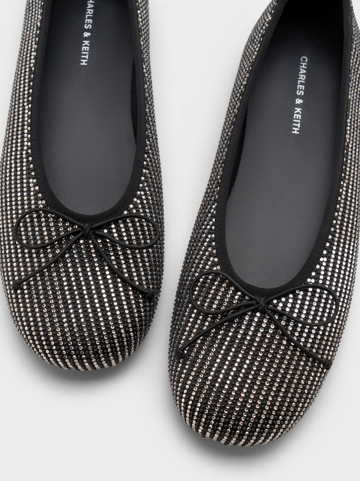 Satin Crystal Bow Ballet Flats - Black Textured | CHARLES & KEITH