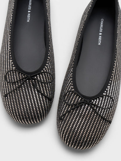 Satin Crystal Bow Ballet Flats - Black Textured | CHARLES & KEITH