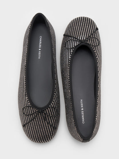 Satin Crystal Bow Ballet Flats - Black Textured | CHARLES & KEITH