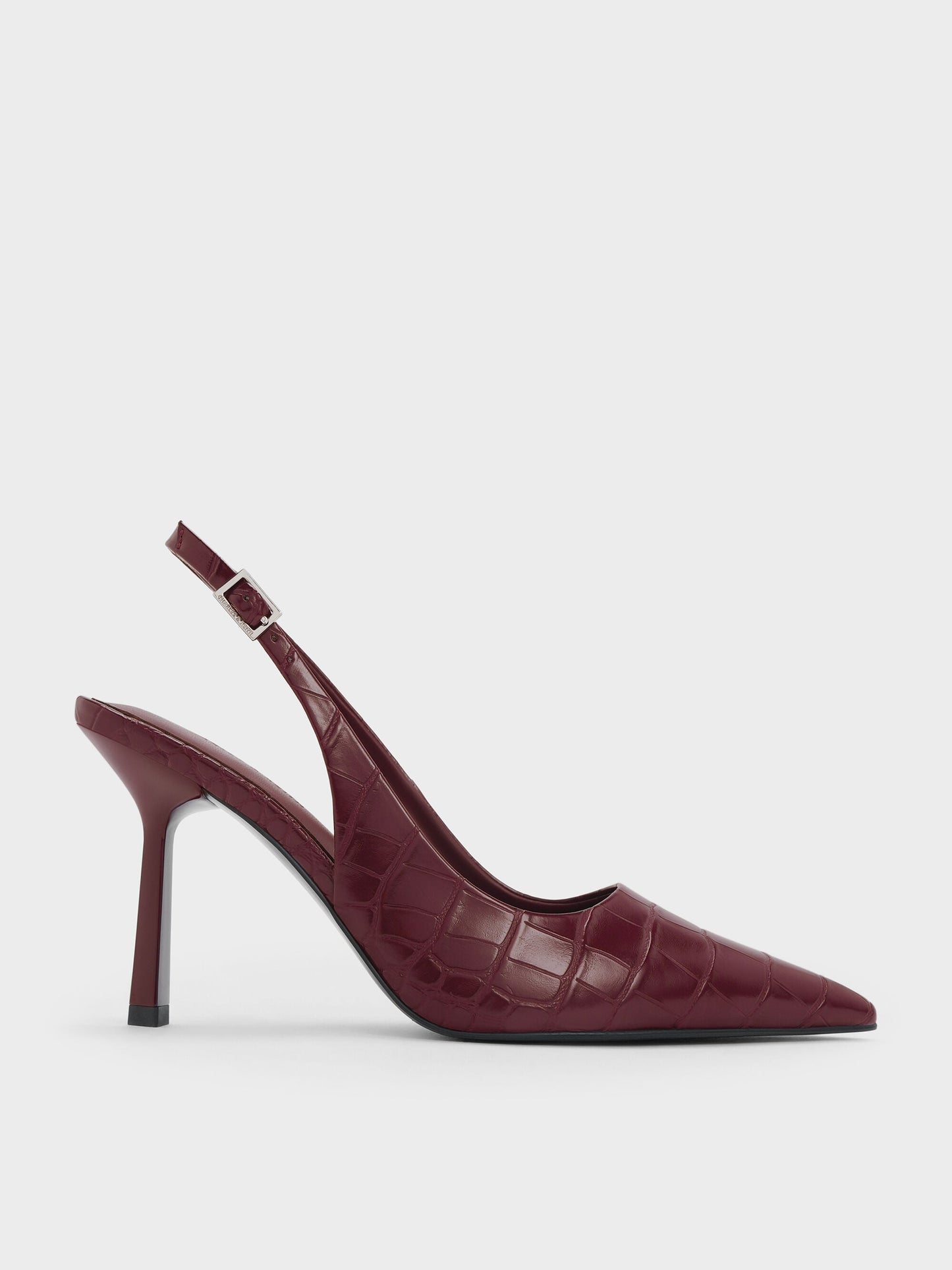Croc-Effect Pointed Slingback Pumps - Animal Print Burgundy | CHARLES & KEITH
