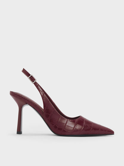 Croc-Effect Pointed Slingback Pumps - Animal Print Burgundy | CHARLES & KEITH