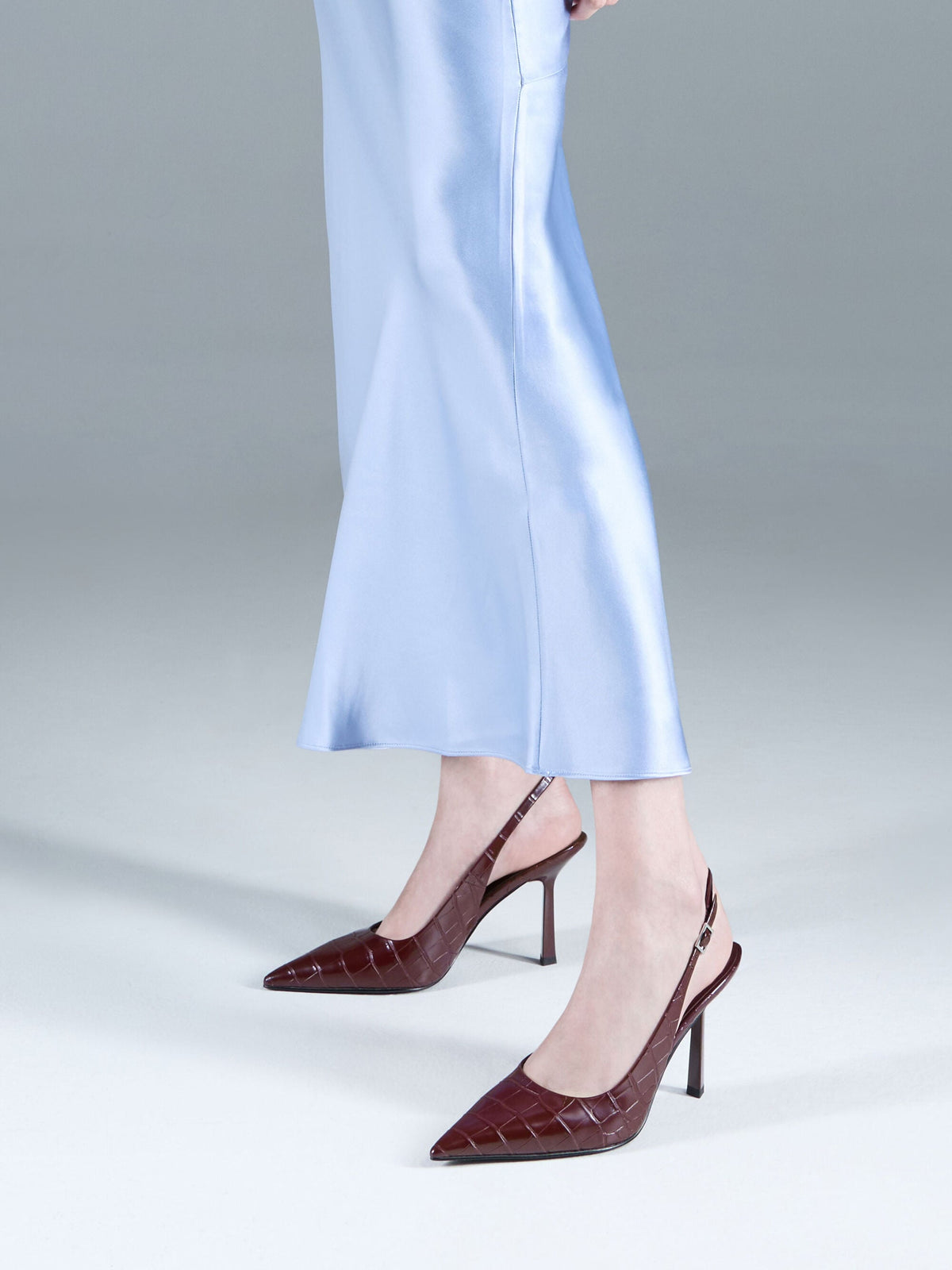 Croc-Effect Pointed Slingback Pumps - Animal Print Burgundy | CHARLES & KEITH