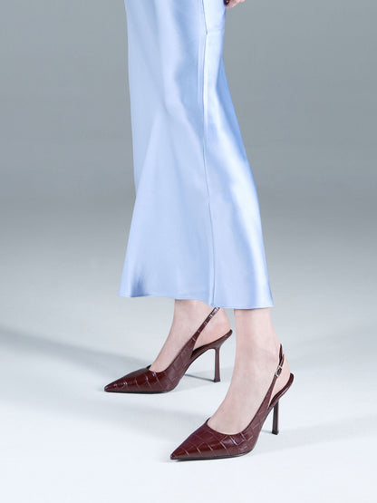 Croc-Effect Pointed Slingback Pumps - Animal Print Burgundy | CHARLES & KEITH