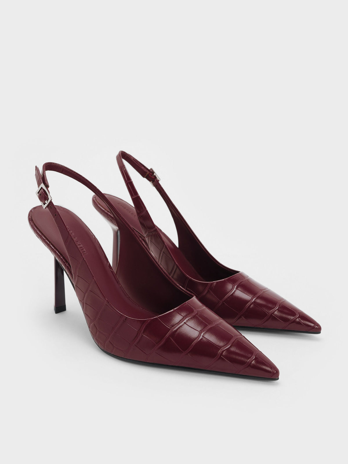 Croc-Effect Pointed Slingback Pumps - Animal Print Burgundy | CHARLES & KEITH