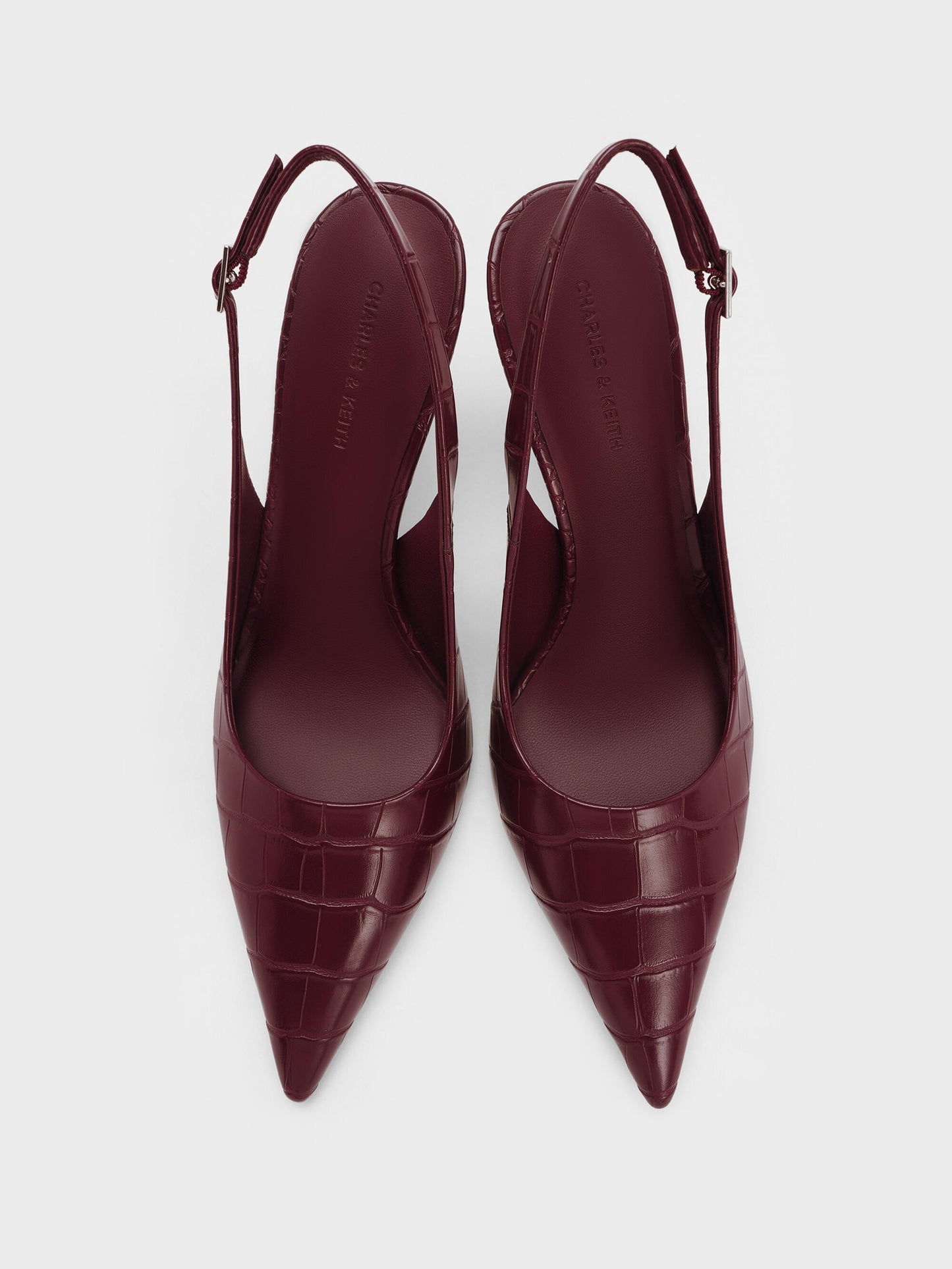 Croc-Effect Pointed Slingback Pumps - Animal Print Burgundy | CHARLES & KEITH