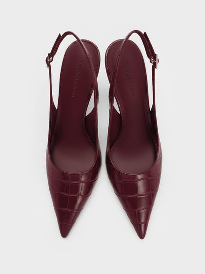 Croc-Effect Pointed Slingback Pumps - Animal Print Burgundy | CHARLES & KEITH