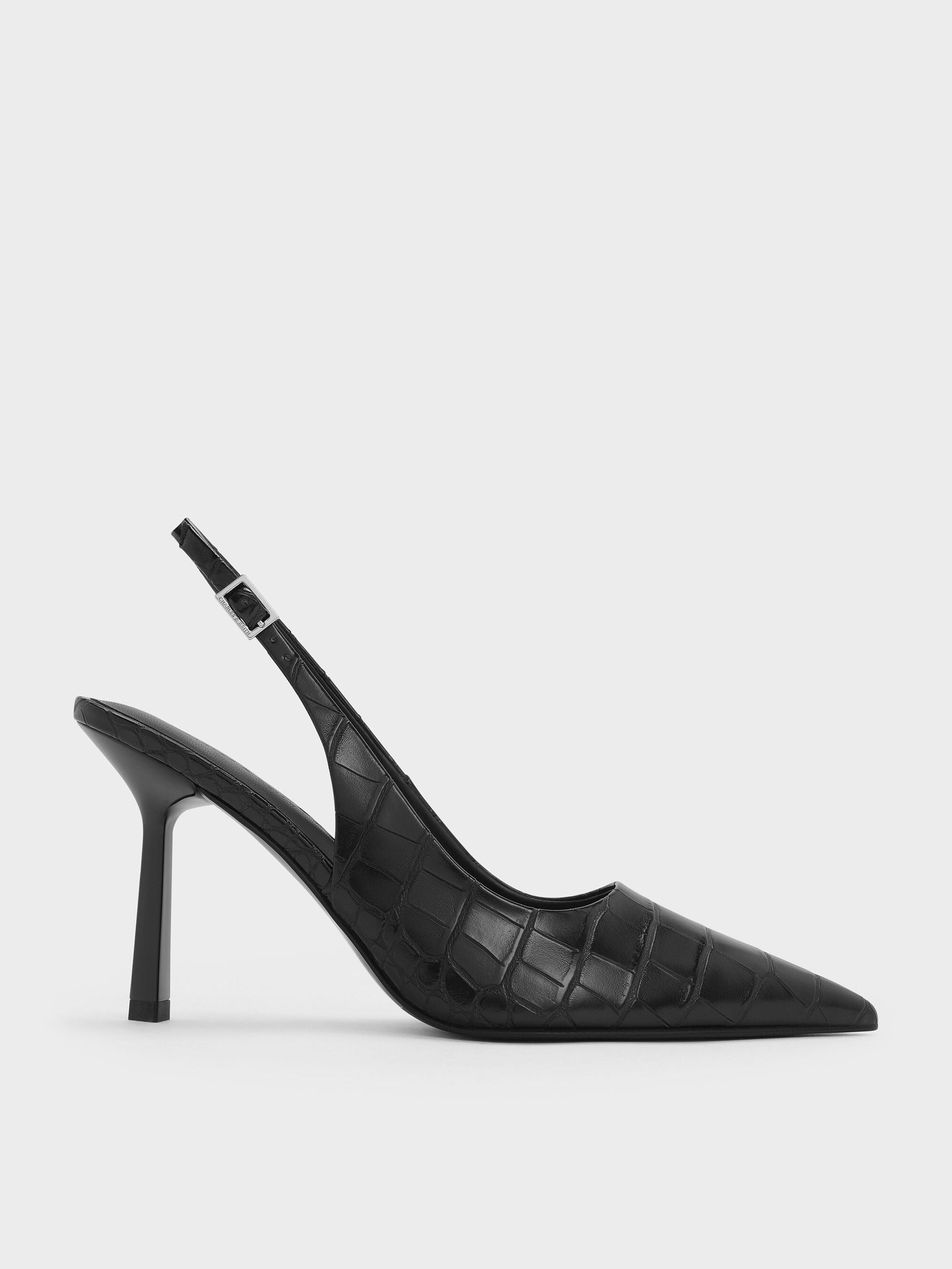 Croc-Effect Pointed Slingback Pumps - Animal Print Black | CHARLES & KEITH