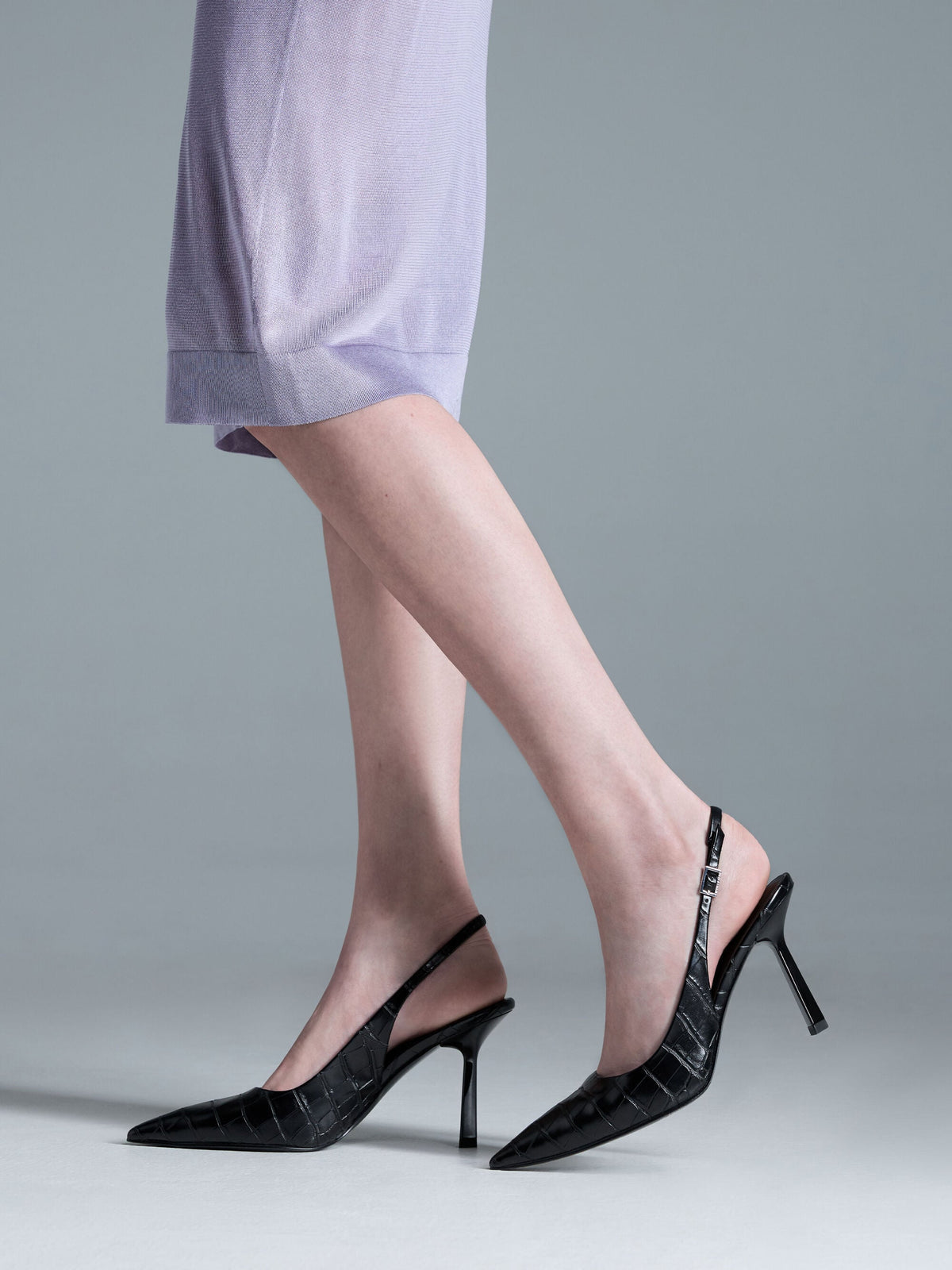 Croc-Effect Pointed Slingback Pumps - Animal Print Black | CHARLES & KEITH