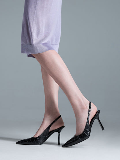 Croc-Effect Pointed Slingback Pumps - Animal Print Black | CHARLES & KEITH