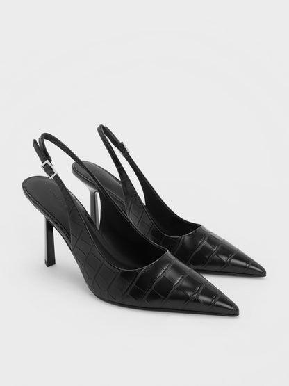 Croc-Effect Pointed Slingback Pumps - Animal Print Black | CHARLES & KEITH