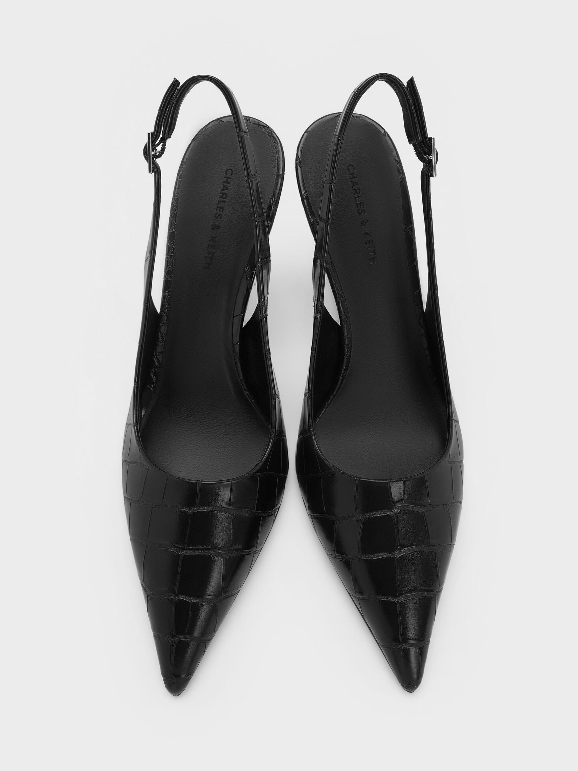 Croc-Effect Pointed Slingback Pumps - Animal Print Black | CHARLES & KEITH