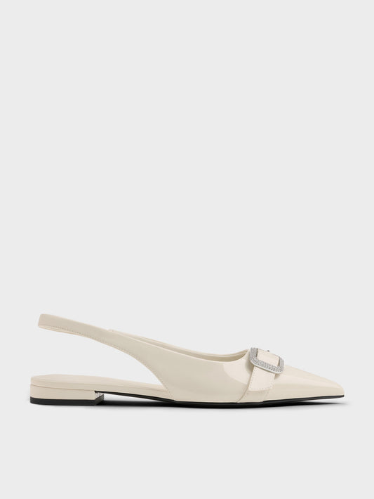 Patent Crystal-Buckle Slingback Flats - Chalk | CHARLES & KEITH