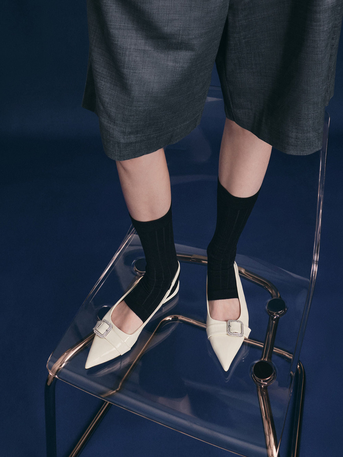 Patent Crystal-Buckle Slingback Flats - Chalk | CHARLES & KEITH