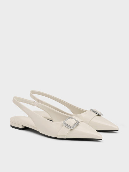 Patent Crystal-Buckle Slingback Flats - Chalk | CHARLES & KEITH