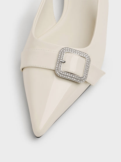 Patent Crystal-Buckle Slingback Flats - Chalk | CHARLES & KEITH