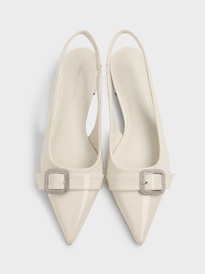 Patent Crystal-Buckle Slingback Flats - Chalk | CHARLES & KEITH