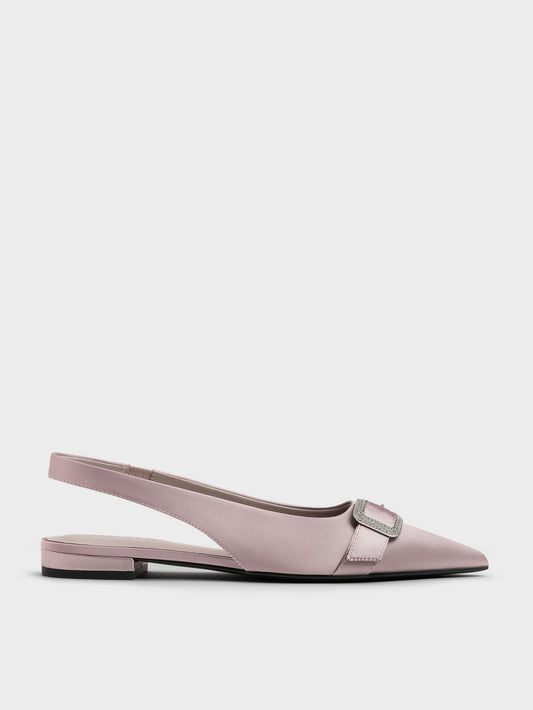Satin Crystal-Buckle Slingback Flats - Mauve | CHARLES & KEITH