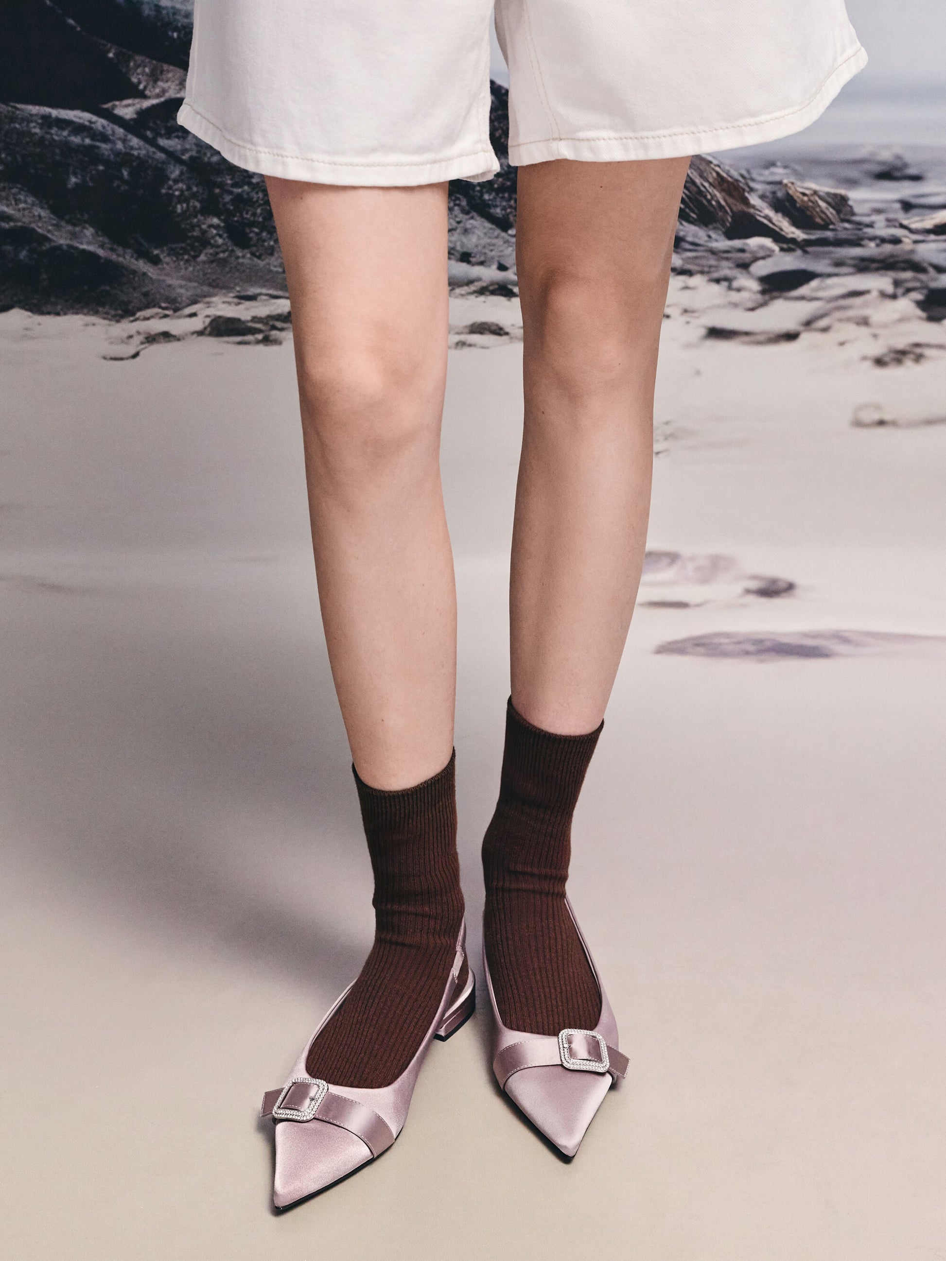Satin Crystal-Buckle Slingback Flats - Mauve | CHARLES & KEITH