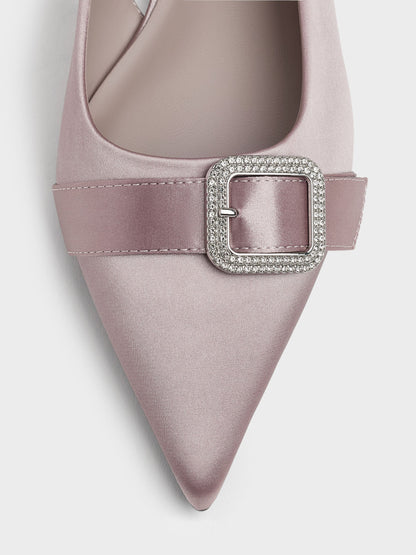 Satin Crystal-Buckle Slingback Flats - Mauve | CHARLES & KEITH